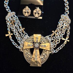 NWOT Cross Necklace + Earrings Gold Silver Rhinestones Set